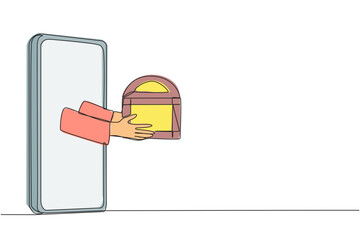 Poster - Single continuous line drawing hand comes out from middle of the smartphone holding treasure chest. Seller prepare lots of bonuses on National Online Shopping Day. One line design vector illustration