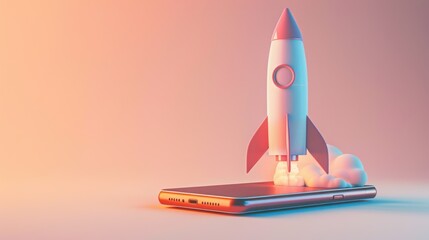Rocket launching from a smartphone screen. Startup success, business innovation, modern technology concept background with free place for text
