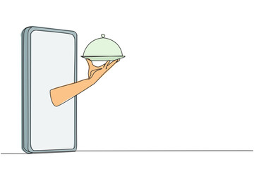 Poster - Single one line drawing hand comes out from the middle of the smartphone holding food tray. The analogy of ordering food for dinner. Online food shopping. Continuous line design graphic illustration