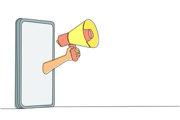 Poster - Single continuous line drawing hand comes out from middle of the smartphone holding megaphone. Massive discount information distributed through online application. One line design vector illustration