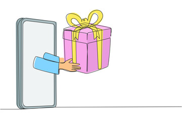 Poster - Continuous one line drawing hand comes out from middle of the smartphone holding package box. Safe packaging ensure purchases arrive safely. Online stuff. Single line draw design vector illustration