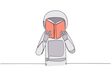 Poster - Single one line drawing astronaut seriously reading book until cover the face. Nervous when facing the final exams. Try to focus. Reading increase insight. Continuous line design graphic illustration