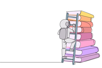 Poster - Continuous one line drawing astronaut climbs a large stack of books with a ladder. World window book metaphor. Reading increases knowledge. Cosmonaut. Single line draw design vector illustration
