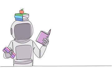 Poster - Single one line drawing astronaut reading book practicing balance. Stack books on top of head along with the apple. Balancing reading rhythm, train focus. Continuous line design graphic illustration