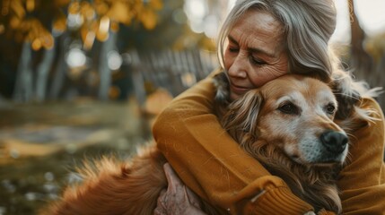 senior woman embracing her golden retriever in autumn park