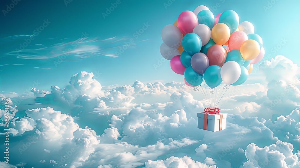 Flying gift box present floating in the sky tied to balloons bunch with ...