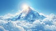 The snowy mountain top is surrounded by clouds and the sun shines through the clouds. Cartoon modern illustration of hills covered with snow. Beautiful aerial panorama scenery with hills and