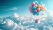 © Barosanu - Flying gift box present floating in the sky tied to balloons bunch with bright clouds