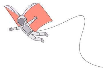 Sticker - Single continuous line drawing young astronaut flying with wings that come from open big book. The metaphor carried away with the storyline. Constructive fantasy. One line design vector illustration