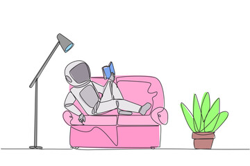 Poster - Single continuous line drawing astronaut sitting stretched out on sofa reading book. Really like content of the book reading on each page. Impressive. Love read. One line design vector illustration
