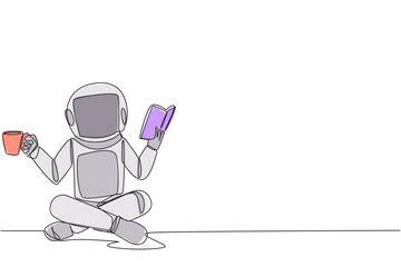 Poster - Single one line drawing astronaut sitting cross-legged reading the book. Accompanied by mug of coffee to make reading more interesting. Knowledge. Calmness. Continuous line design graphic illustration