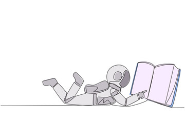 Poster - Continuous one line drawing astronaut lying on stomach reading big book. Enjoy reading book in a variety of styles. Reading increases insight. Love reading. Single line draw design vector illustration