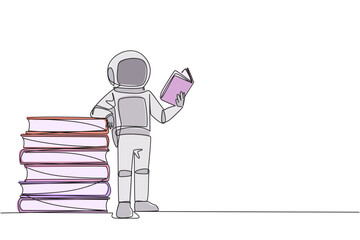 Poster - Single continuous line drawing astronaut standing reading book while leaning against a pile of large books. Hobby of reading anywhere. Very happy when reading. One line design vector illustration