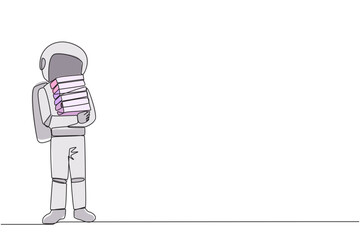 Poster - Single one line drawing astronaut standing hug some books. Favorite book that finish reading. Some books will be donated to national library. Charity. Knowledge. Continuous line graphic illustration