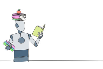 Poster - Continuous one line drawing robot reading book practicing balance. Stack books on top of head along with the apple. Balancing reading rhythm, train focus. Single line draw design vector illustration