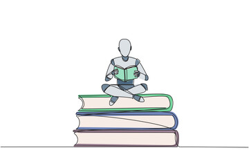 Sticker - Continuous one line drawing robot sitting cross-legged on pile of large books. Read comic. Read textbook. Read scientific journal. Read increase insight. Single line draw design vector illustration