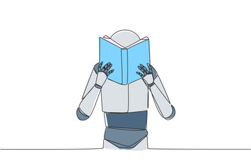 Poster - Continuous one line drawing robot seriously reading book until cover the face. Nervous when facing the final exams. Try to focus. Reading increase insight. Single line draw design vector illustration