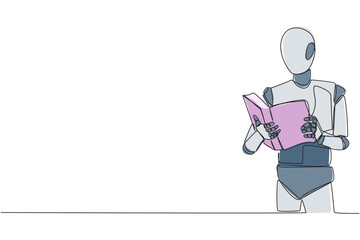 Poster - Single one line drawing robot artificial intelligence focus on reading. Try to find answer to tasks given. Seek more knowledge. Reading increases insight. Continuous line design graphic illustration