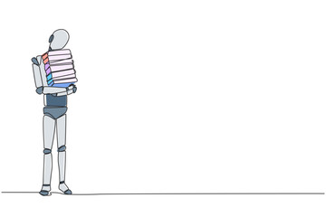 Poster - Single continuous line drawing robot standing hug some books. Favorite book that finish reading. Some books will be donated to national library. Charity. Knowledge. One line design vector illustration