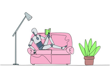 Poster - Single one line drawing smart robot sitting stretched out on sofa reading book. Really like content of the book reading on each page. Impressive. Love read. Continuous line design graphic illustration