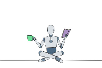 Poster - single one line drawing smart robot sitting cross-legged reading book. accompanied by mug of coffee 