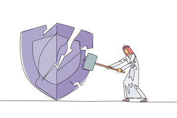 Poster - single one line drawing arab businessman preparing to hit shield. rampage. system is undermined by b