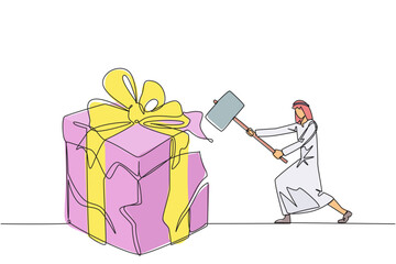 Poster - Continuous one line drawing Arabian businessman preparing to hit big gift box. Businessman expresses disappointment. Destroying everything in sight. Angry. Single line draw design vector illustration