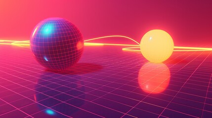 Poster - The poster is designed with a perspective grid surface and ball on a gradient background, while the flyer has wireframe and retro elements.