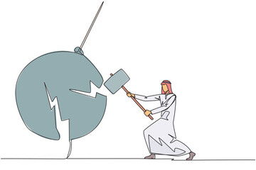 Poster - Single continuous line drawing Arab businessman preparing to hit big swinging pendulum. Metaphor eliminate business distraction. Number one to be a business keeper. One line design vector illustration