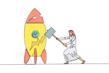 Poster - Single continuous line drawing Arabian businessman preparing to hit a standing rocket. Rampage. Not ready to accept new technology. Not ready for competition. Lost. One line design vector illustration