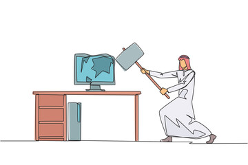 Poster - Single one line drawing Arab businessman preparing to hit computer monitor on the work desk. Stocks that don't rise. Didn't get any profit. Anger escalated. Continuous line design graphic illustration