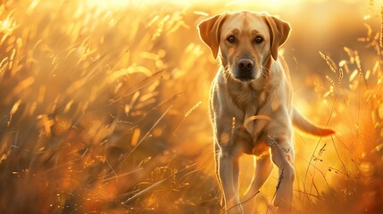 Wall Mural - Fawncolored carnivore dog with tail and snout standing in tall grass field