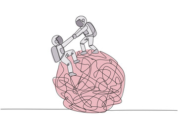 Poster - Continuous one line drawing astronaut helps colleague climbs the big heavy messy circle. Teamwork eliminates anxiety. Eliminate stress to focus on business. Single line draw design vector illustration