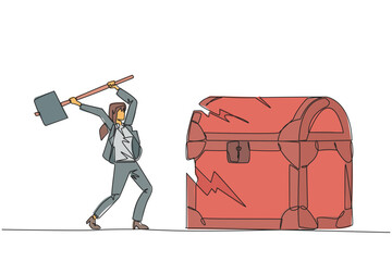 Poster - Continuous one line drawing businesswoman preparing to hit big treasure chest. Rampage. Running out of capital. Steal. Doing dirty business. Not a commendable. Single line design vector illustration