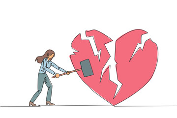 Poster - Single one line drawing businesswoman preparing to hit the big heart. Rampage. Broken heart. Loss of concentration. Emotional feeling. No direction. Angry. Continuous line design graphic illustration