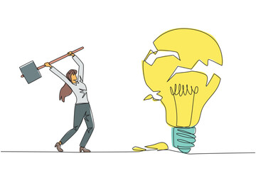 Poster - single continuous line drawing businesswoman preparing to hit the big lightbulb. the thrashing anger