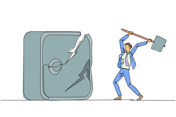 Poster - Single continuous line drawing businessman preparing to hit a big safe deposit box. Boss is furious want to destroy it with hammer. Angry businessman. Losing file. One line design vector illustration