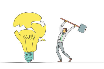 Poster - Continuous one line drawing businessman preparing to hit a big lightbulb. The thrashing anger. Failed to secure a brilliant business idea. Destruction. Single line draw design vector illustration