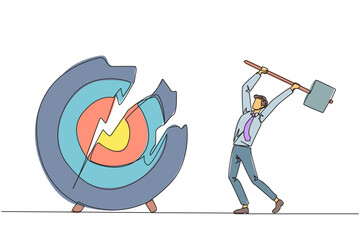 Poster - Continuous one line drawing businessman preparing to hit a big target arrow board. Rampage. Failed to focus, failed to get the promised reward. Madness. Single line draw design vector illustration