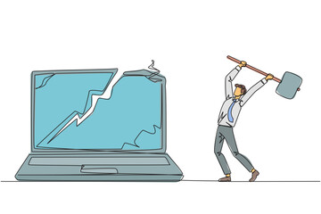 Poster - Single one line drawing businessman preparing to hit laptop. Rampage. Destroying technology that cannot be used optimally. Upgrade hardware and brainware. Continuous line design graphic illustration