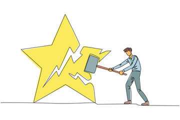 Poster - Single continuous line drawing businessman preparing to hit big star. Rampage. The destroyer of dream. Failed to get the best career position. Anger overflowed. One line design vector illustration