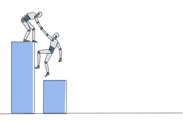Poster - Single one line drawing smart robotic helps colleague climb the big bar graph. Helps to climb to higher ground. Move forward and success together. Teamwork. Continuous line design graphic illustration