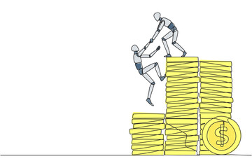 Poster - Continuous one line drawing robot helps colleague climb a pile of coins. Metaphor help achieve financial targets before entering retirement. Teamwork. Single line draw design vector illustration