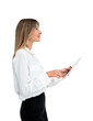 A woman in smart attire holding a tablet, profile view, isolated on a white background, concept of technology use