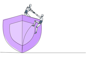 Poster - Continuous one line drawing smart robotic helps colleague climbs the big shield. Teamwork keeps colleagues safe from evil robotic. Helping each other. Single line draw design vector illustration