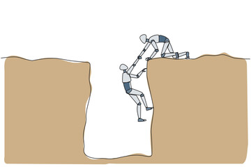Poster - Single one line drawing smart robotic helps colleague climbing a wide hole. Teamwork helps colleague who fallen. Inviting success together. Cohesive AI. Continuous line design graphic illustration