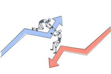 Poster - Single continuous line drawing smart robot helps colleague climb arrow symbol. Teamwork to raise better level together. Best partner ever. Maintain cohesiveness. One line design vector illustration