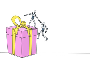 Poster - Single continuous line drawing smart robotic helps colleague climb the big gift box. Integrated teamwork to reach highest level for rewards. Helping each other. One line design vector illustration