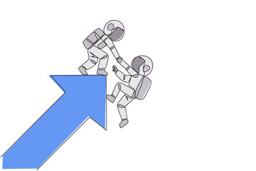 Poster - Single continuous line drawing astronaut helps colleague climb the big rising arrow symbol. Compact teamwork. Positive effect on company. Complete work correctly. One line design vector illustration