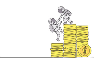 Poster - Continuous one line drawing astronaut helps colleague climb a pile of coins. Metaphor help achieve financial targets before entering retirement. Teamwork. Single line draw design vector illustration